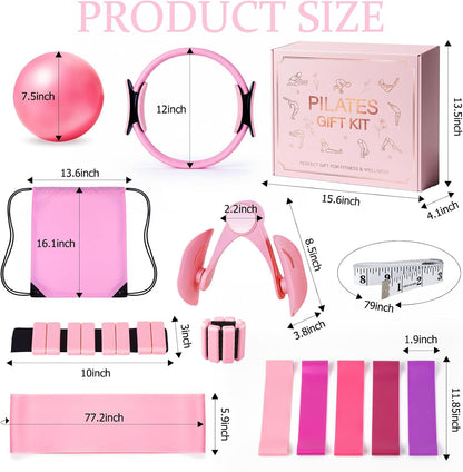 All-in-One Home Workout Kit for Women–Pilates Kit with Ankle Weights, Magic Circle 12 inch, Resistance Bands, Mini Pilates Ball, Carry Bag – Beginner Pilates Gift Set for Mother's Day, Birthday