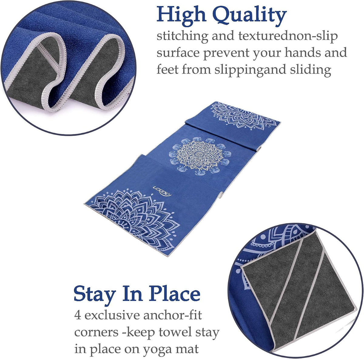 Yoga Towel,Microfiber Mat Towels w Smart Corner Pocket Elastic Loop,Non Slip Towel for Hot Yoga