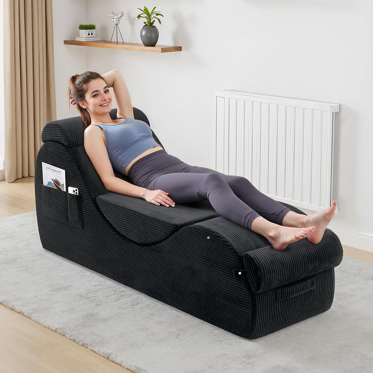 Yoga Chairs for Adults, Ergonomic Chaise Lounge Chair Indoor with Side Pocket, Lumbar Pillow, Ottoman, Yoga Chair Perfect for Stretching, Relaxation, Exercise, Used in Bedroom, Living Room（Black）