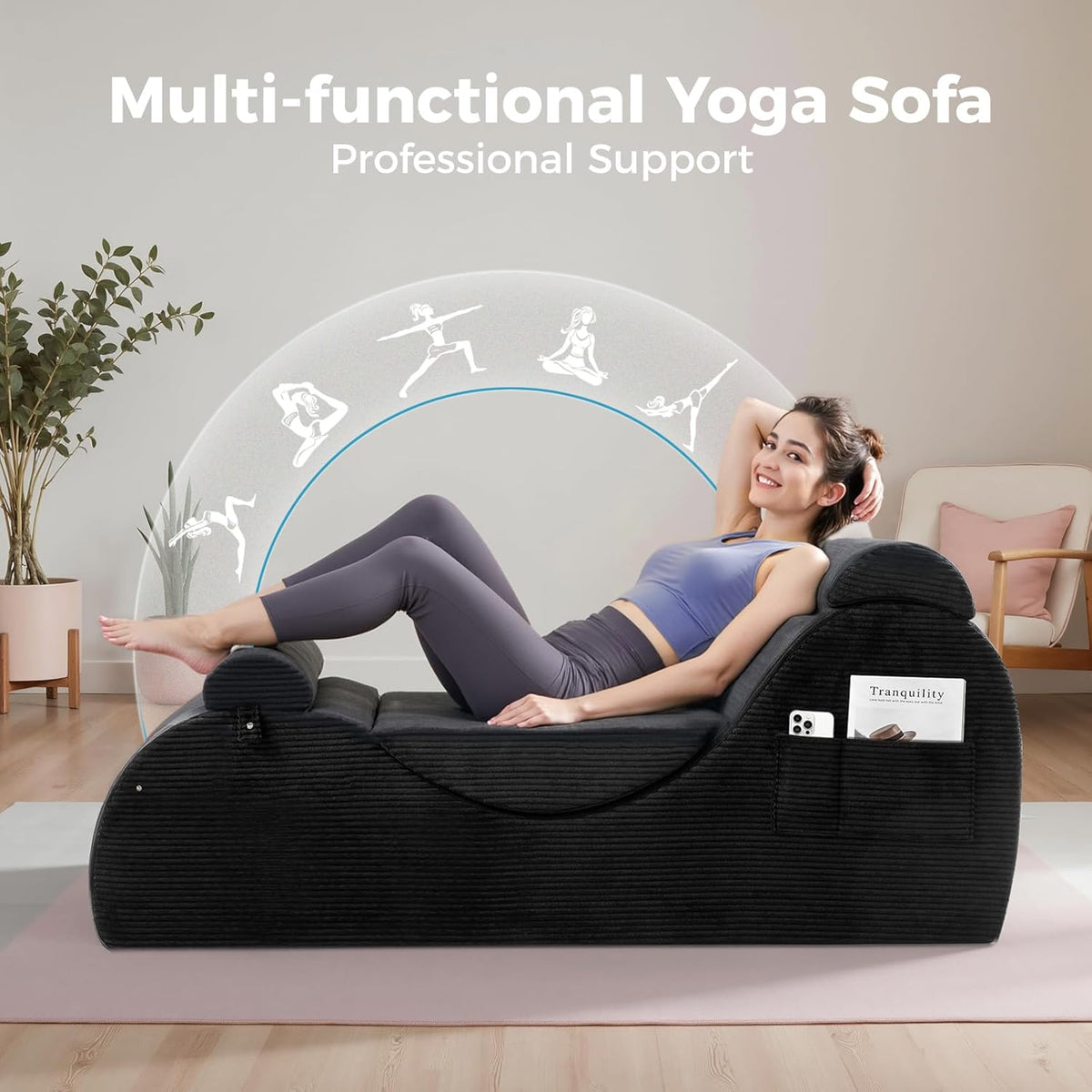 Yoga Chairs for Adults, Ergonomic Chaise Lounge Chair Indoor with Side Pocket, Lumbar Pillow, Ottoman, Yoga Chair Perfect for Stretching, Relaxation, Exercise, Used in Bedroom, Living Room（Black）