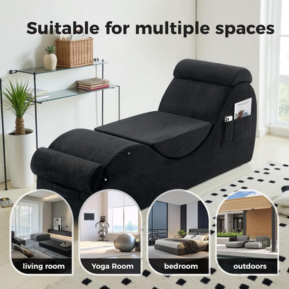 Yoga Chairs for Adults, Ergonomic Chaise Lounge Chair Indoor with Side Pocket, Lumbar Pillow, Ottoman, Yoga Chair Perfect for Stretching, Relaxation, Exercise, Used in Bedroom, Living Room（Black）