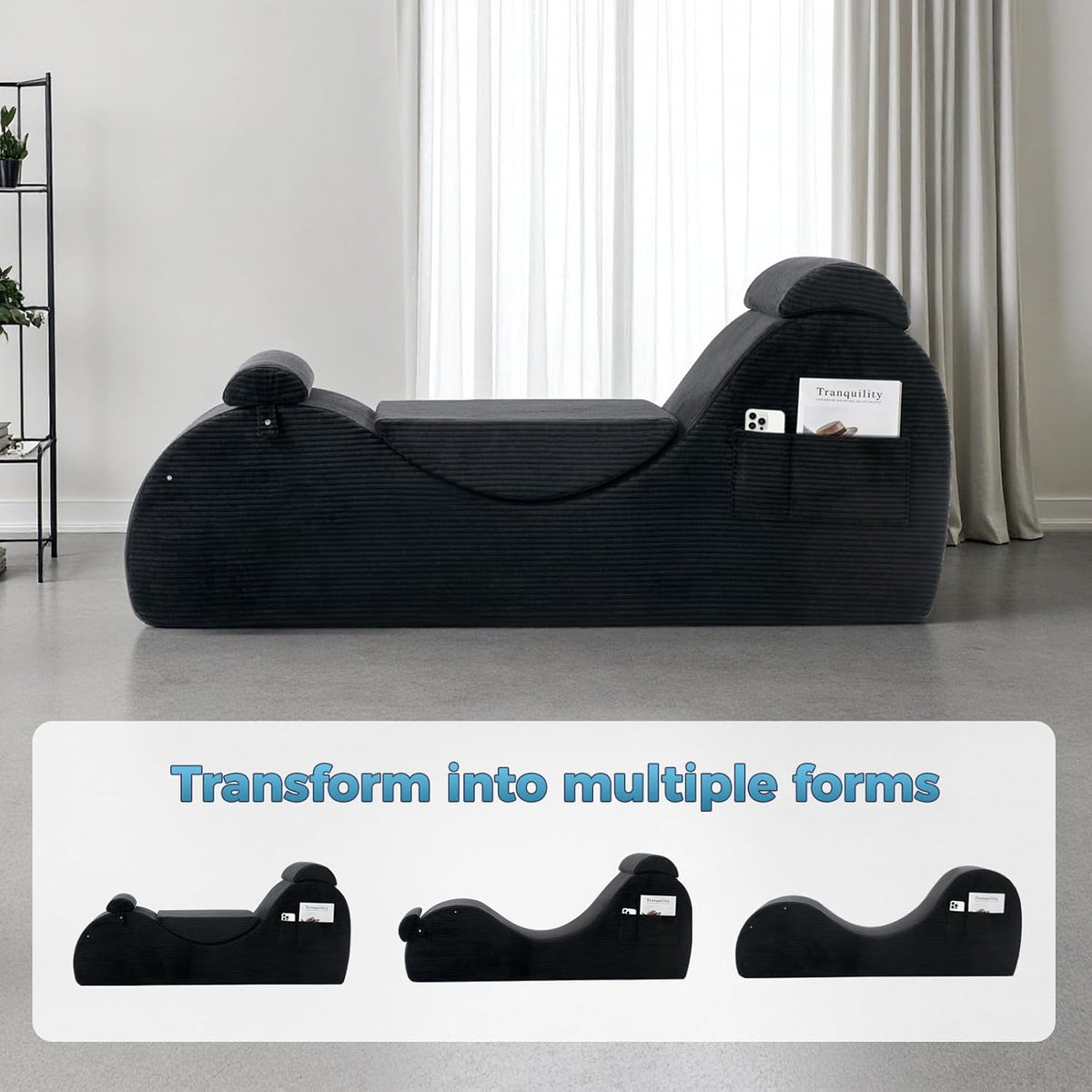 Yoga Chairs for Adults, Ergonomic Chaise Lounge Chair Indoor with Side Pocket, Lumbar Pillow, Ottoman, Yoga Chair Perfect for Stretching, Relaxation, Exercise, Used in Bedroom, Living Room（Black）