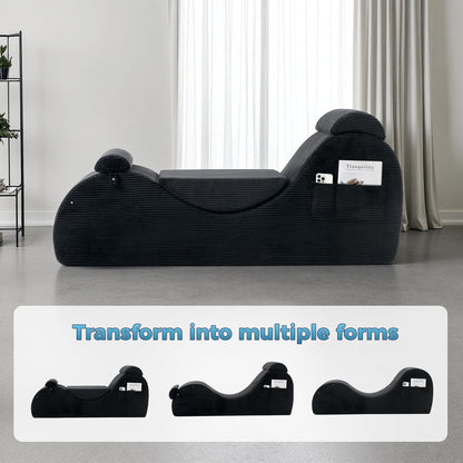 Yoga Chairs for Adults, Ergonomic Chaise Lounge Chair Indoor with Side Pocket, Lumbar Pillow, Ottoman, Yoga Chair Perfect for Stretching, Relaxation, Exercise, Used in Bedroom, Living Room（Black）