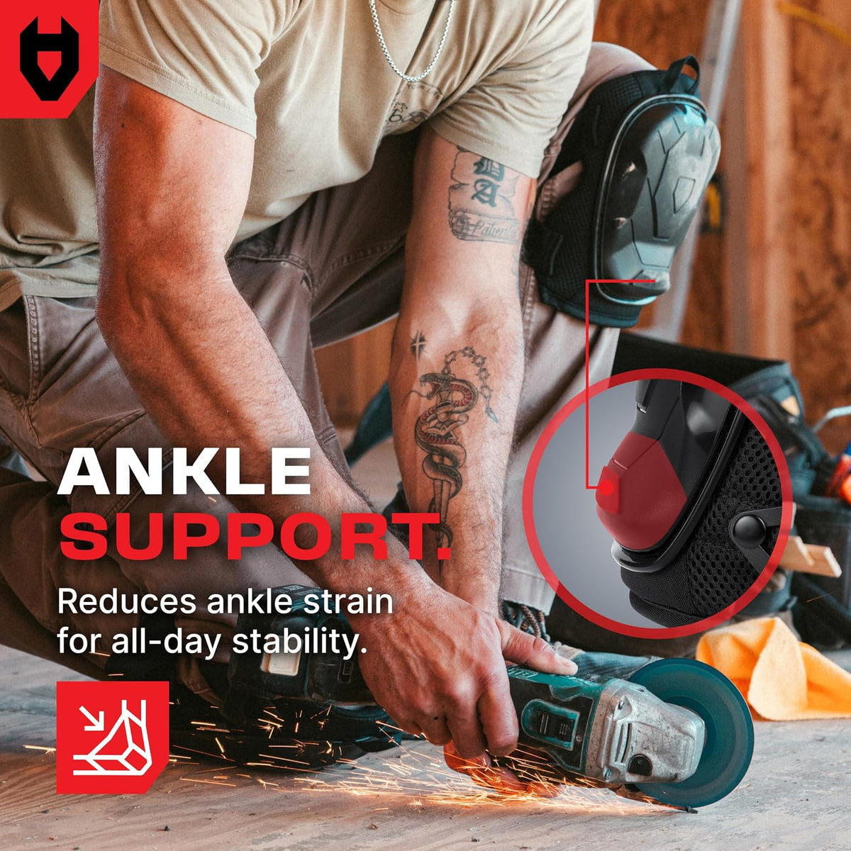 Professional Construction Knee Pads for Men and Women with Non-Slip Heavy Duty Cap and Ankle Support — Thick Foam and Gel Cushioning — Reinforced, Adjustable Straps and Military Grade Rivets