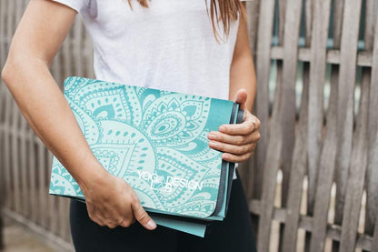 Travel Yoga Mat | 2-in-1 Mat+Towel | Lightweight, Foldable, Eco Luxury | Ideal for Hot Yoga, Bikram, Pilates, Barre, Sweat | 1.5mm Thick | Includes Carrying Strap!