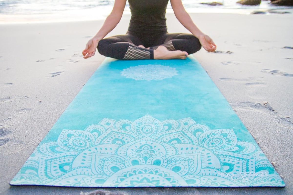 Travel Yoga Mat | 2-in-1 Mat+Towel | Lightweight, Foldable, Eco Luxury | Ideal for Hot Yoga, Bikram, Pilates, Barre, Sweat | 1.5mm Thick | Includes Carrying Strap!