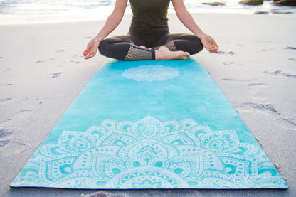 Travel Yoga Mat | 2-in-1 Mat+Towel | Lightweight, Foldable, Eco Luxury | Ideal for Hot Yoga, Bikram, Pilates, Barre, Sweat | 1.5mm Thick | Includes Carrying Strap!