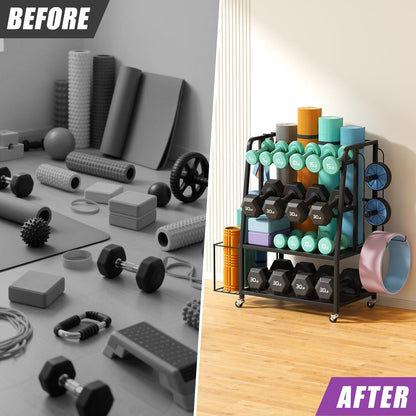 3-Tier Dumbbell Rack Stand with Wheels, Home Gym Yoga Mat Storage