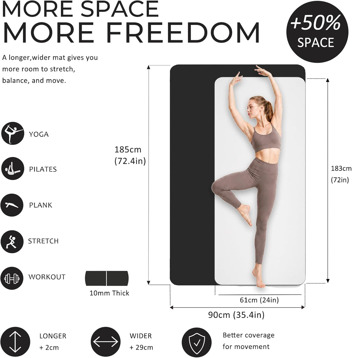 TPE Yoga Mat 72"x24"/35", 8mm/10mm Thick, Non-Slip, Carry Strap