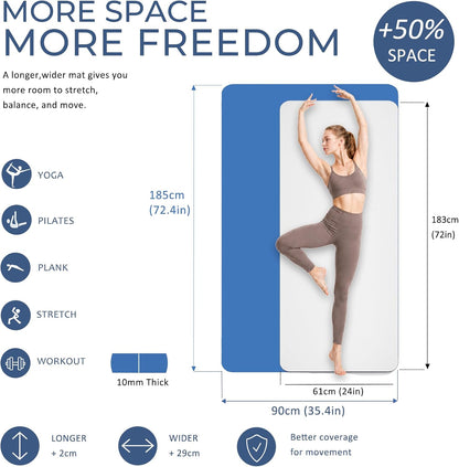 TPE Yoga Mat 72"x24"/35", 8mm/10mm Thick, Non-Slip, Carry Strap