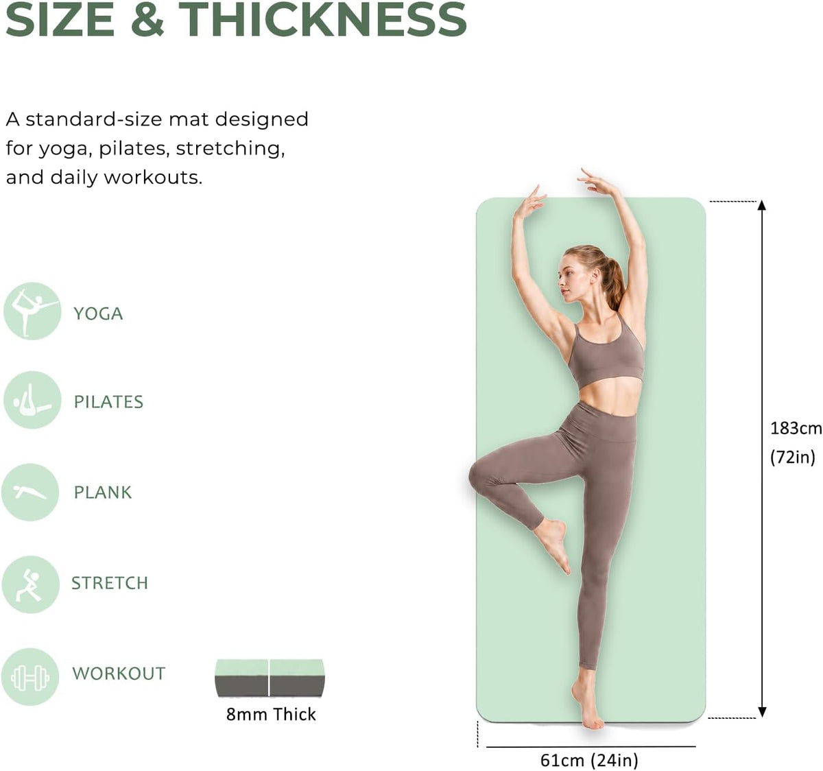 TPE Yoga Mat 72"x24"/35", 8mm/10mm Thick, Non-Slip, Carry Strap