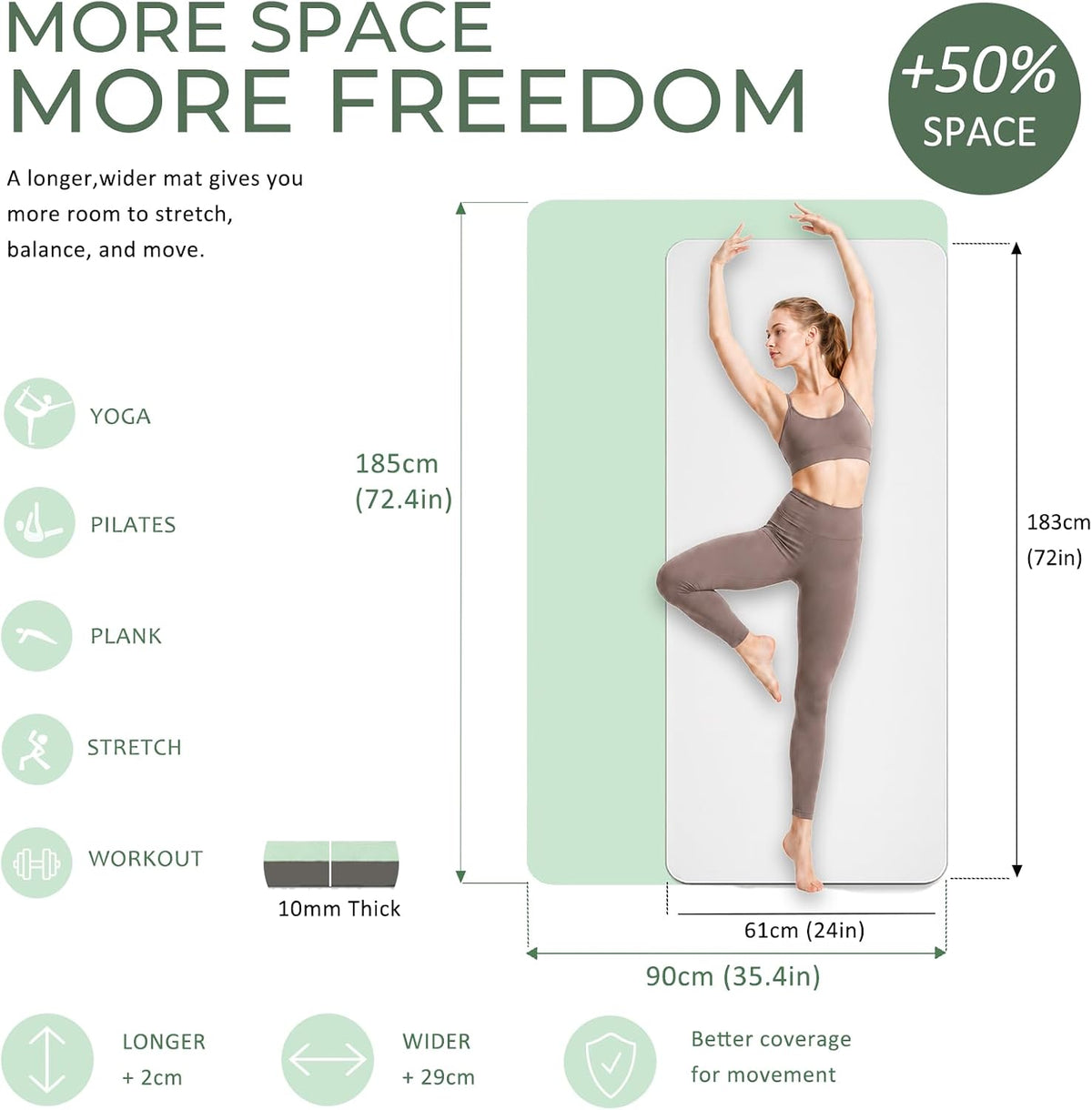 TPE Yoga Mat 72"x24"/35", 8mm/10mm Thick, Non-Slip, Carry Strap