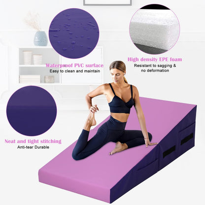 Folding Incline Gymnastics Mat for Tumbling, Folding Tumbling Mats Cheese Wedge Incline Mat with Non-Slip PU Leather Surface & Handles, Gym Fitness Tumbling Matts for Kids Girls Home Training Exercise