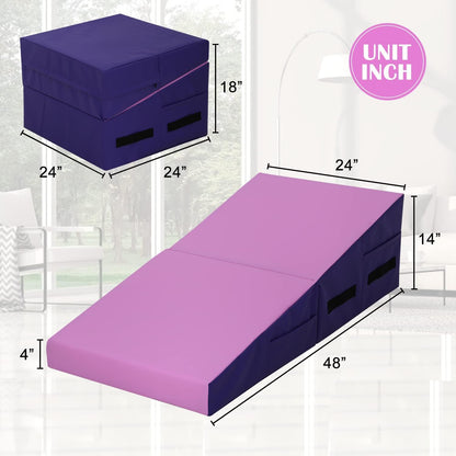 Folding Incline Gymnastics Mat for Tumbling, Folding Tumbling Mats Cheese Wedge Incline Mat with Non-Slip PU Leather Surface & Handles, Gym Fitness Tumbling Matts for Kids Girls Home Training Exercise