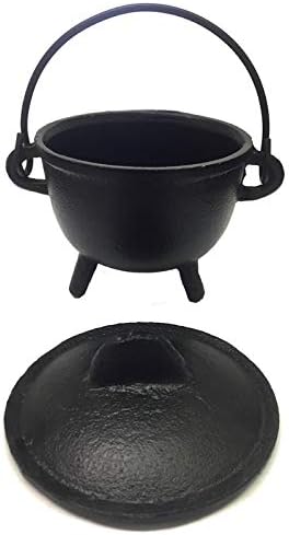 . Cast Iron Cauldron w/handle & lid, ideal for smudging, incense burning, ritual purpose, decoration, halloween decoration, candle holder, etc. (Pot Style 4" Dia (BR90))