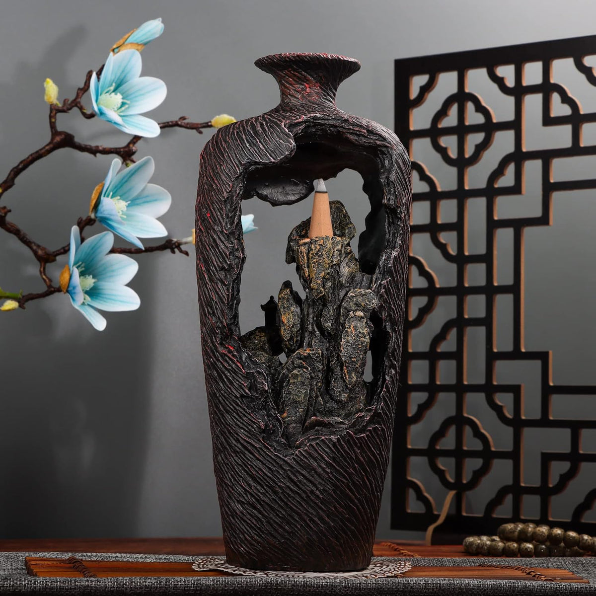 DOBEHOME Mountain Waterfall Incense Burner Backflow Incense Burner Incense Smoke Waterfall with 100 Backflow Incense Cones，Tweezer，Mat (Vase Shape)
