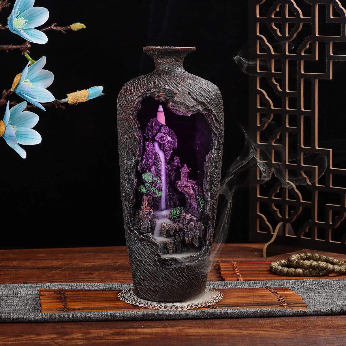 DOBEHOME Mountain Waterfall Incense Burner Backflow Incense Burner Incense Smoke Waterfall with 100 Backflow Incense Cones，Tweezer，Mat (Vase Shape)
