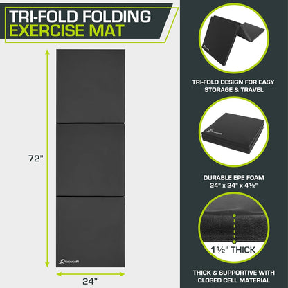 ProsourceFit Tri-Fold Folding Thick Exercise Mat 6’x2’ with Carrying Handles for MMA, Gymnastics, Stretching, Core Workouts