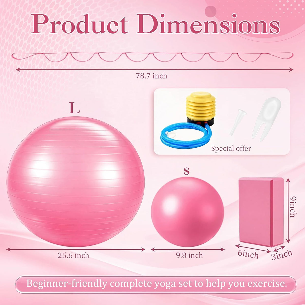 6-in-1 Yoga Balls and Yoga Block Set with Strap Foot Pump, Exercise Pregnancy Balls for Birthing, Pilates Kit Fitness Physical Therapy Home Gym Workout Equipment