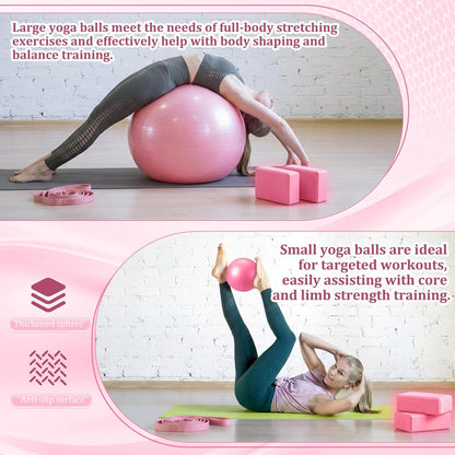 6-in-1 Yoga Balls and Yoga Block Set with Strap Foot Pump, Exercise Pregnancy Balls for Birthing, Pilates Kit Fitness Physical Therapy Home Gym Workout Equipment