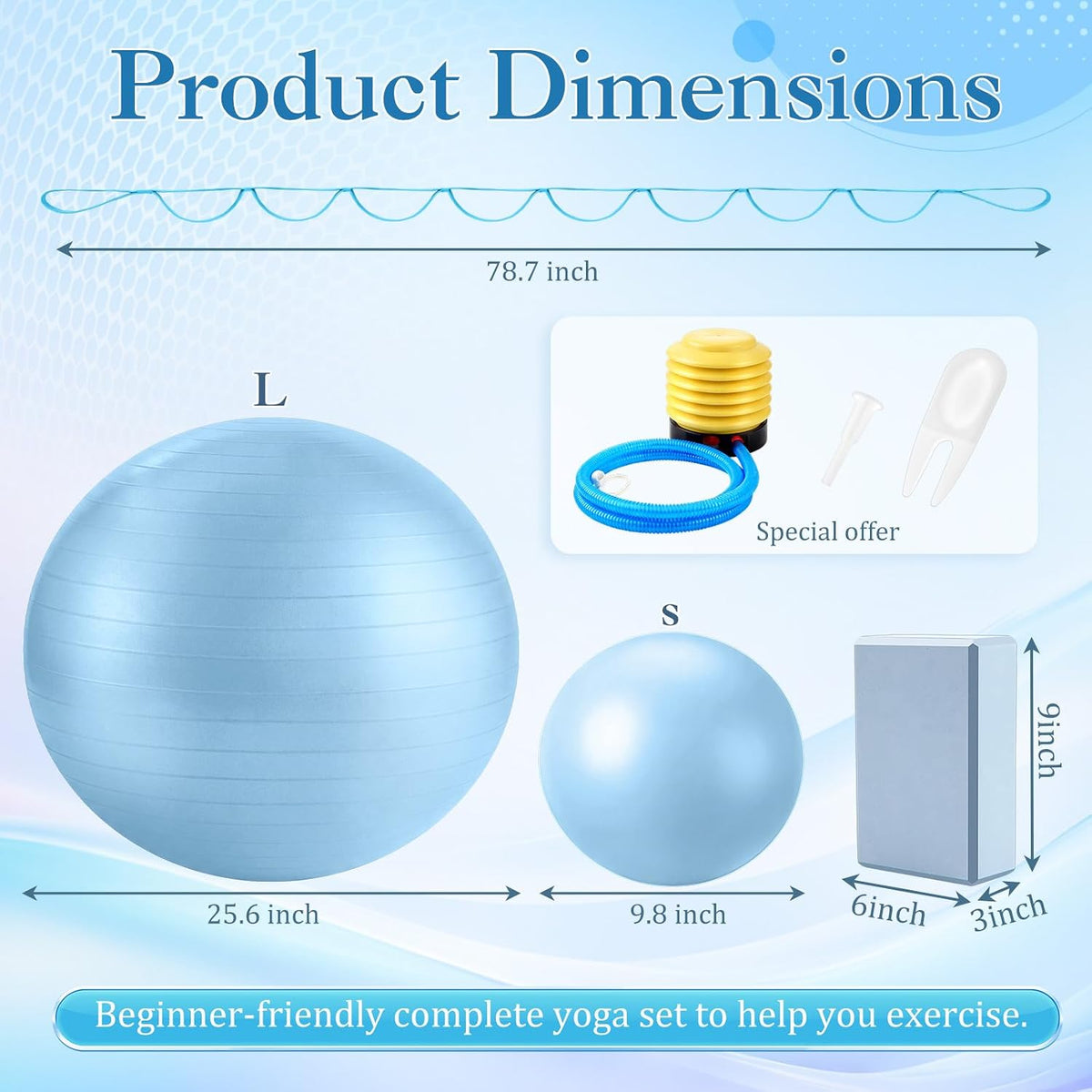 6-in-1 Yoga Balls and Yoga Block Set with Strap Foot Pump, Exercise Pregnancy Balls for Birthing, Pilates Kit Fitness Physical Therapy Home Gym Workout Equipment