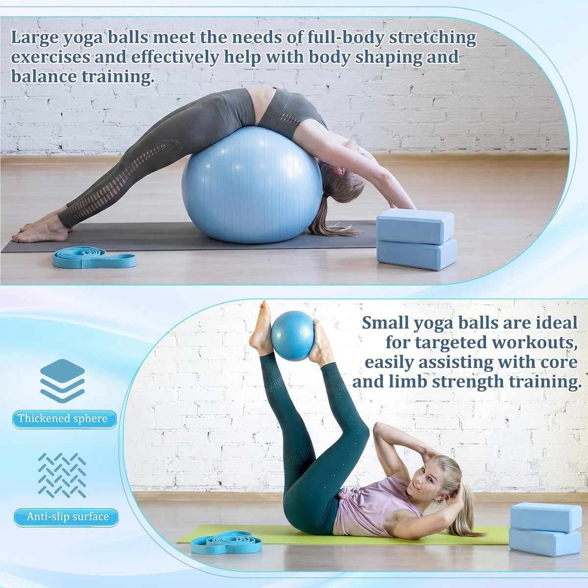 6-in-1 Yoga Balls and Yoga Block Set with Strap Foot Pump, Exercise Pregnancy Balls for Birthing, Pilates Kit Fitness Physical Therapy Home Gym Workout Equipment
