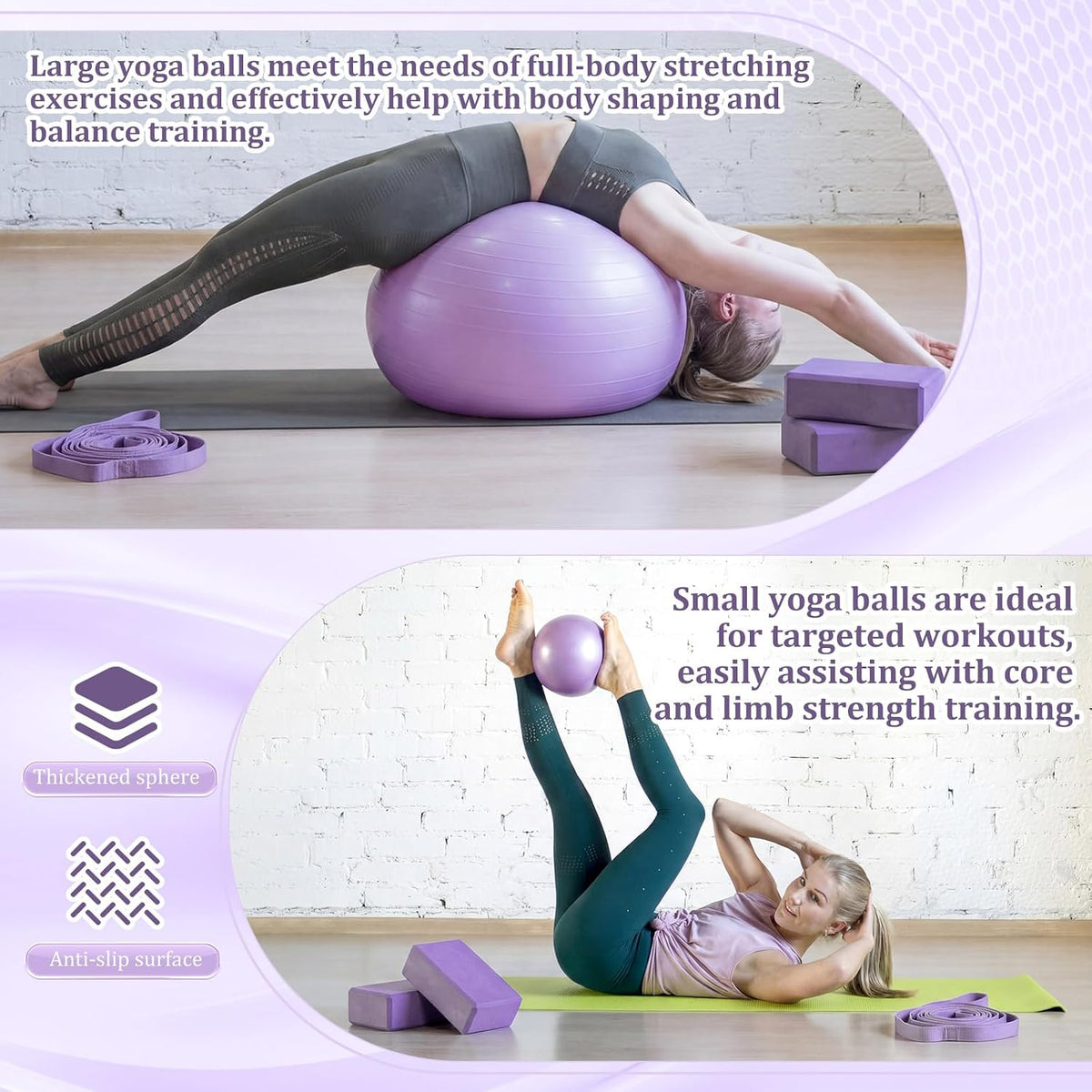 6-in-1 Yoga Balls and Yoga Block Set with Strap Foot Pump, Exercise Pregnancy Balls for Birthing, Pilates Kit Fitness Physical Therapy Home Gym Workout Equipment