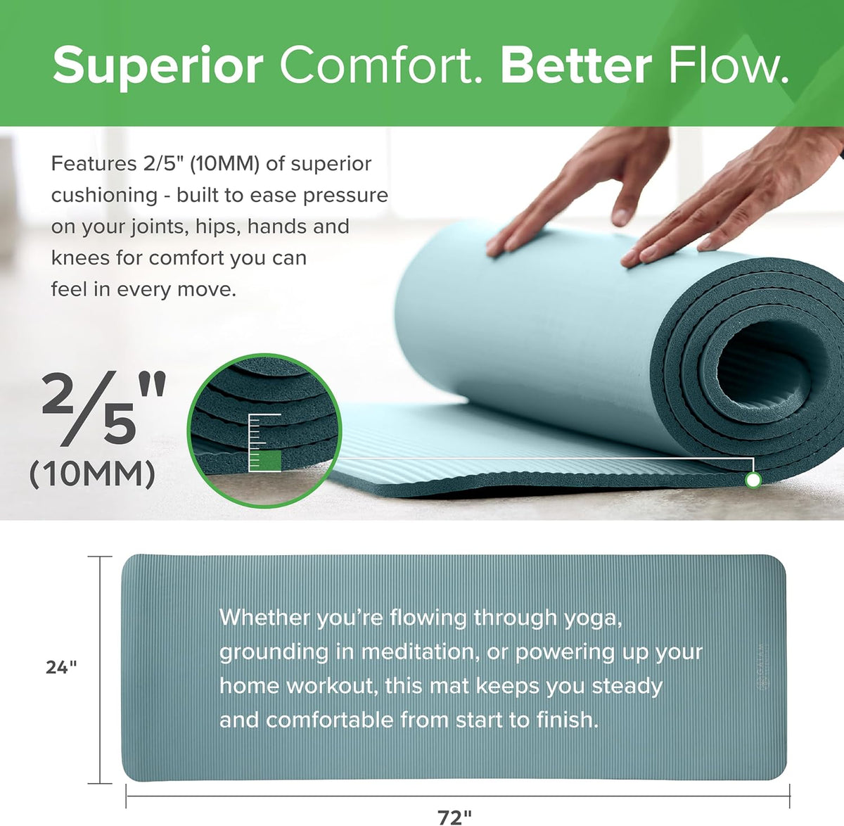 Thick Yoga Mat, Exercise & Fitness Mat with Easy-Cinch Carrying Strap