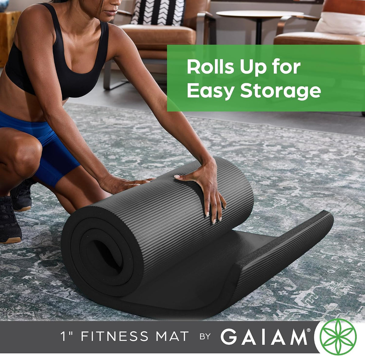 Thick Yoga Mat, Exercise & Fitness Mat with Easy-Cinch Carrying Strap