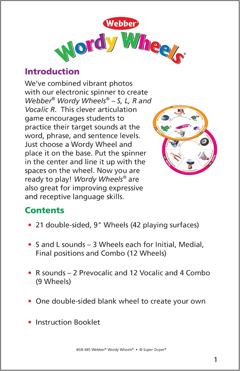 Webber® Wordy Wheels S/L/R (Includes Vocalic R) Add-on Set | Articulation Activity for Speech Therapy | Educational Game