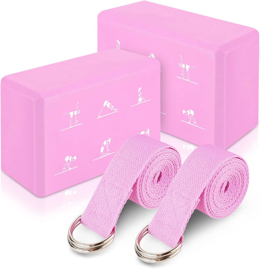 2 Pack Yoga Blocks and 2 Yoga Straps Set, Soft Non-Slip Yoga Block for Pilates, High Density EVA Foam Yoga Brick with Yoga Strap for General Fitness, Stretching, Improve Strength and Flexibility