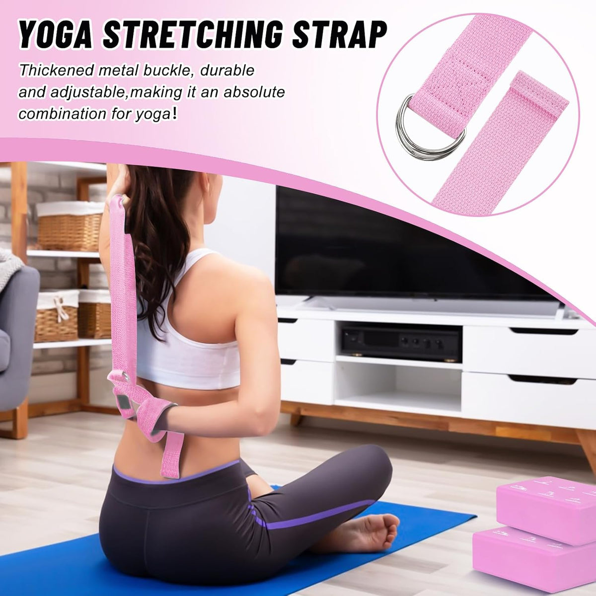 2 Pack Yoga Blocks and 2 Yoga Straps Set, Soft Non-Slip Yoga Block for Pilates, High Density EVA Foam Yoga Brick with Yoga Strap for General Fitness, Stretching, Improve Strength and Flexibility
