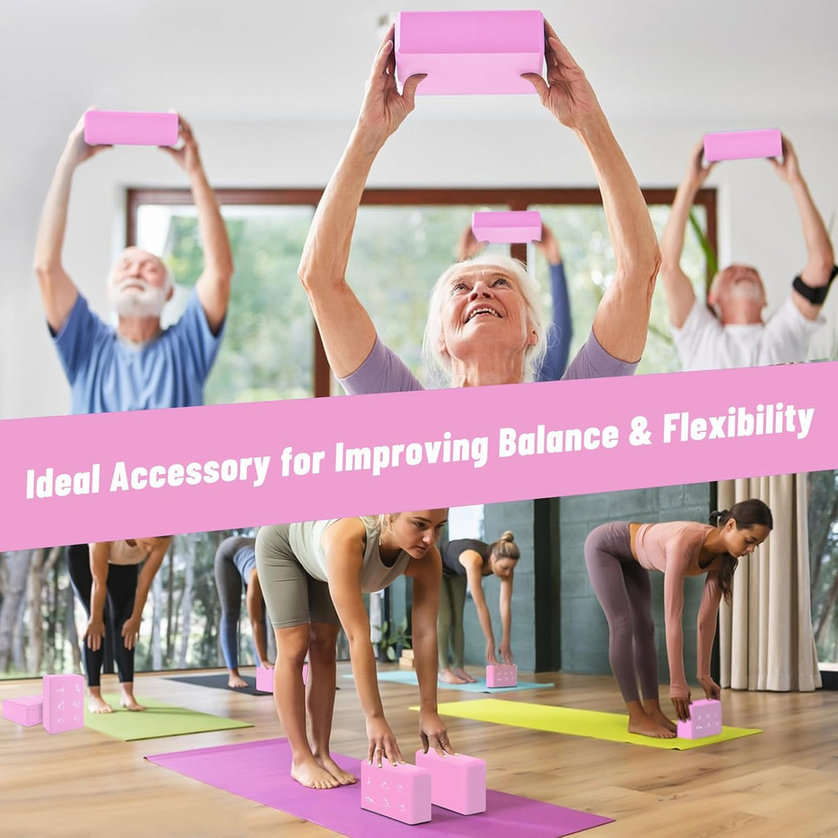 2 Pack Yoga Blocks and 2 Yoga Straps Set, Soft Non-Slip Yoga Block for Pilates, High Density EVA Foam Yoga Brick with Yoga Strap for General Fitness, Stretching, Improve Strength and Flexibility