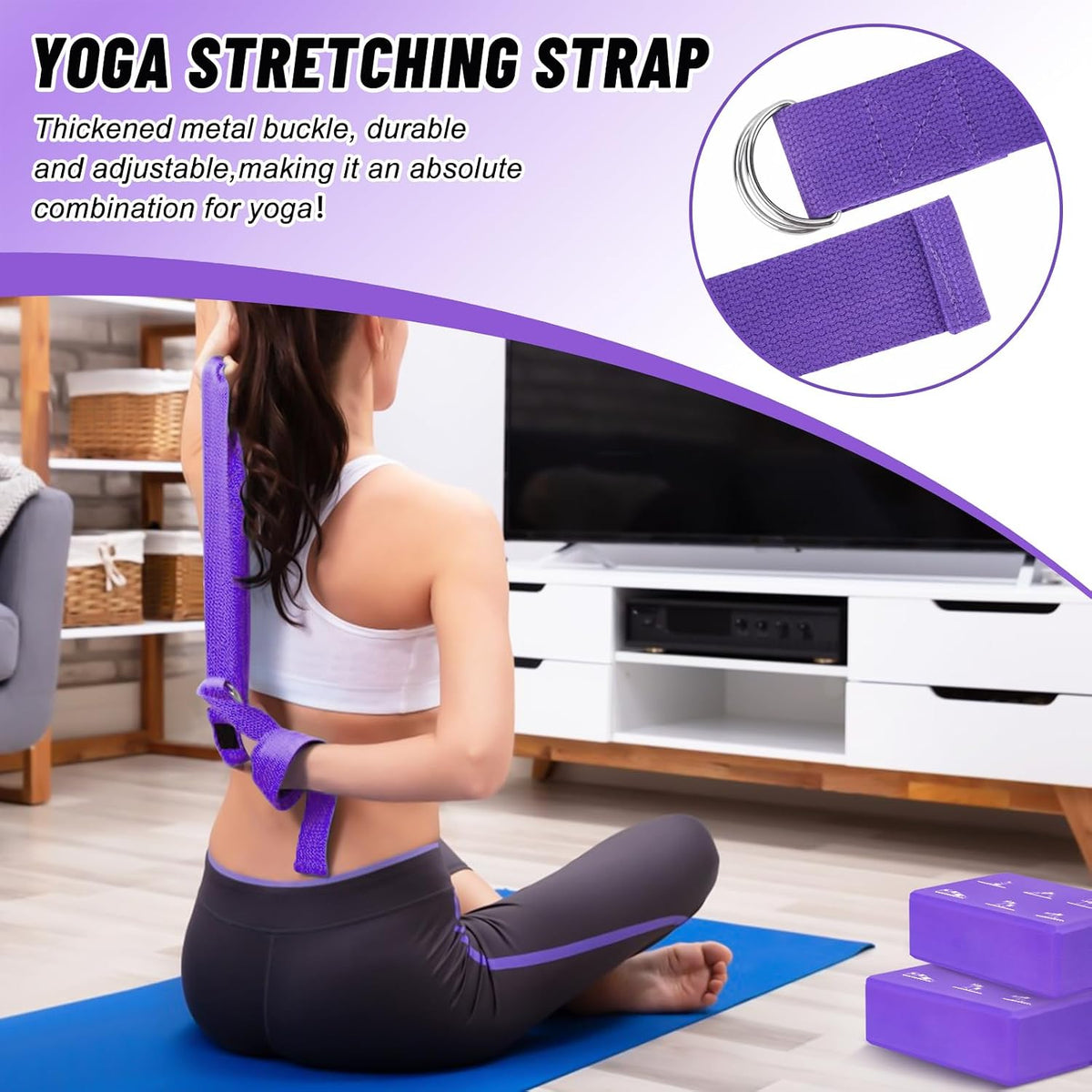 2 Pack Yoga Blocks and 2 Yoga Straps Set, Soft Non-Slip Yoga Block for Pilates, High Density EVA Foam Yoga Brick with Yoga Strap for General Fitness, Stretching, Improve Strength and Flexibility