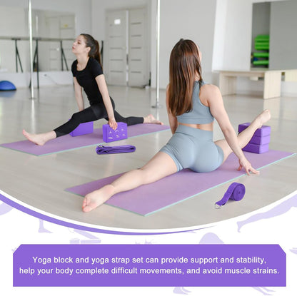 2 Pack Yoga Blocks and 2 Yoga Straps Set, Soft Non-Slip Yoga Block for Pilates, High Density EVA Foam Yoga Brick with Yoga Strap for General Fitness, Stretching, Improve Strength and Flexibility