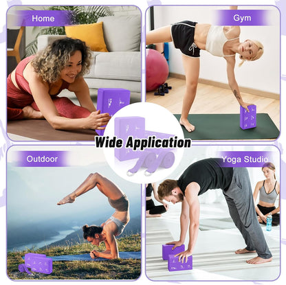 2 Pack Yoga Blocks and 2 Yoga Straps Set, Soft Non-Slip Yoga Block for Pilates, High Density EVA Foam Yoga Brick with Yoga Strap for General Fitness, Stretching, Improve Strength and Flexibility
