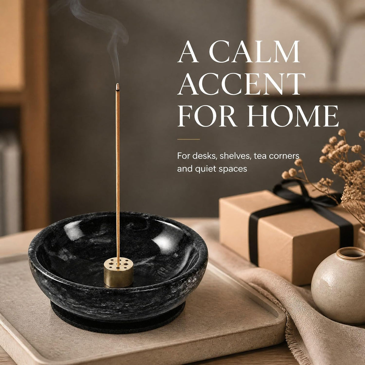 Incense Holder, Beautiful Natural Marble Incense Burner for Meditation, 9 Incense Holes Suitable for Most Types (Black)