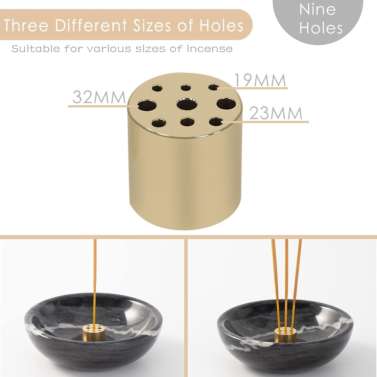 Incense Holder, Beautiful Natural Marble Incense Burner for Meditation, 9 Incense Holes Suitable for Most Types (Black)