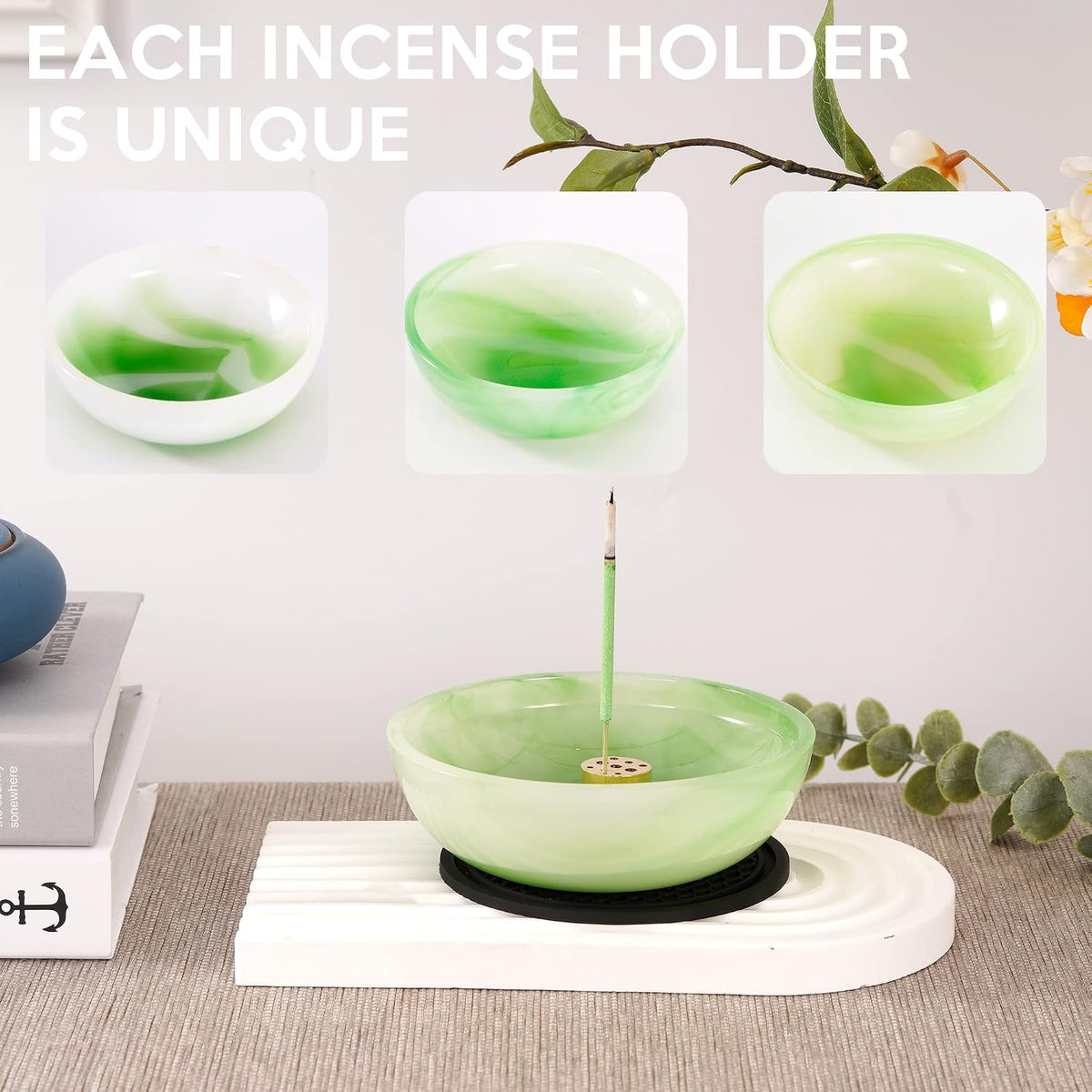 Incense Holder, Beautiful Natural Marble Incense Burner for Meditation, 9 Incense Holes Suitable for Most Types (Black)