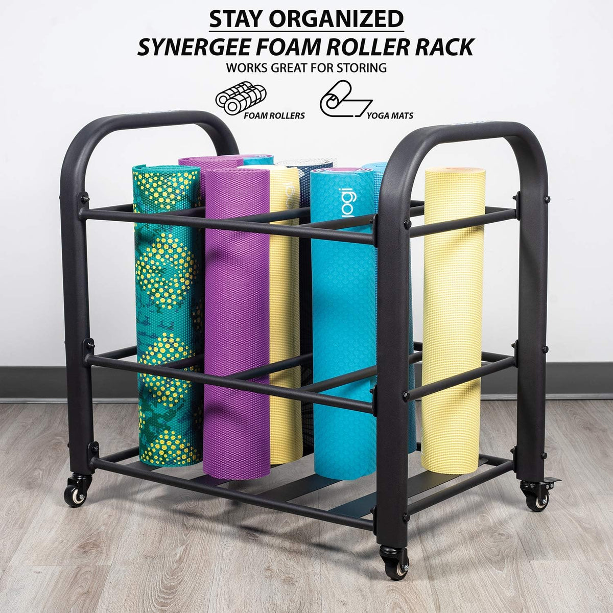 Yoga Mat Storage Rack – Storage Cart for Yoga Mats, Foam Rollers & Mobility Equipment. Perfect for Yoga Studio or Commercial Gym.