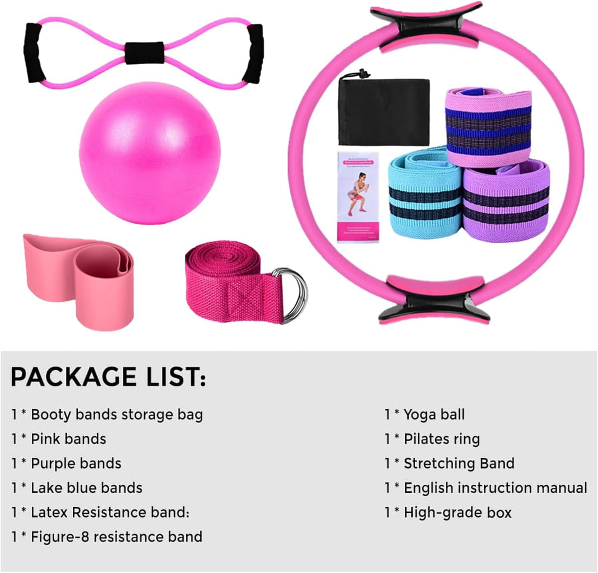 Home Workouts Better Pilates Essentials Kits Equipments Sets Accessories Magic Ring Booty Bands Glutes Yoga Ball 25cm Figure 8 Resistance Yoga Bands for Stretching 8 Pcs