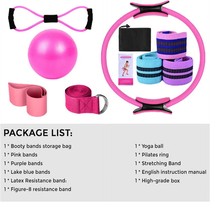 Home Workouts Better Pilates Essentials Kits Equipments Sets Accessories Magic Ring Booty Bands Glutes Yoga Ball 25cm Figure 8 Resistance Yoga Bands for Stretching 8 Pcs