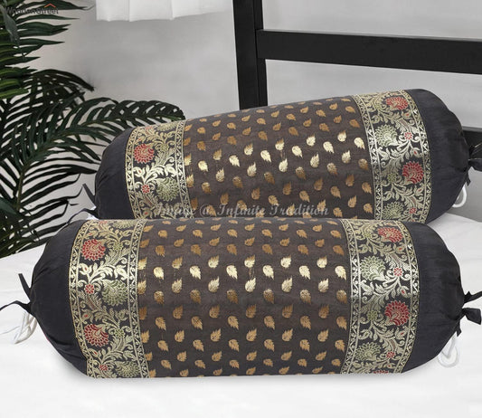 Ethnic Living Room Decorative Bolster Tube Pillow Covers Cylindrical Black Yoga Large Couch Round Cushion Cover Jacquard Brocade Silk Small Leaves Throw Pillow Case 76x38cm (30x15 inch) - 2 Pc.