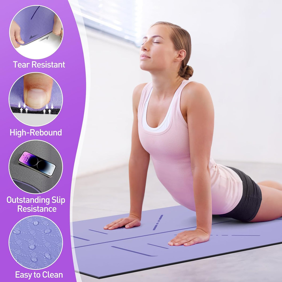 Yoga Mat 8mm Thick - Non Slip Workout Mat, 72"x 26"x 0.31" Large Exercise Mat with Alignment Mark, Anti-Tear Exercise & Fitness Mat for Yoga, Pilates & Floor Workouts, Carry Strap Included