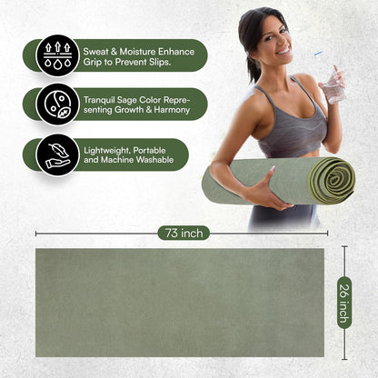 Yoga Mat Towel - Double Sided Microfiber Yoga Towel - Sweat Absorbent Non Slip Hot Yoga Towel - Lightweight, Quick Drying Pilates Mat Towel - 73" x 26", Sage