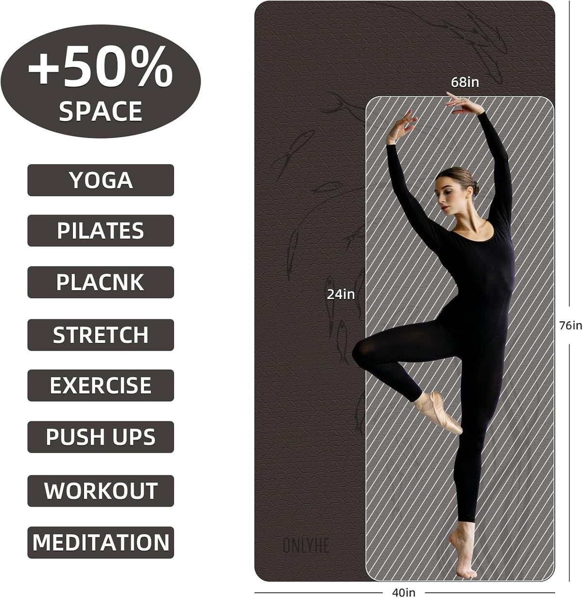 Extra Wide Yoga Mat 76"x40"x10mm TPE Non-Slip Fitness Exercise Mat