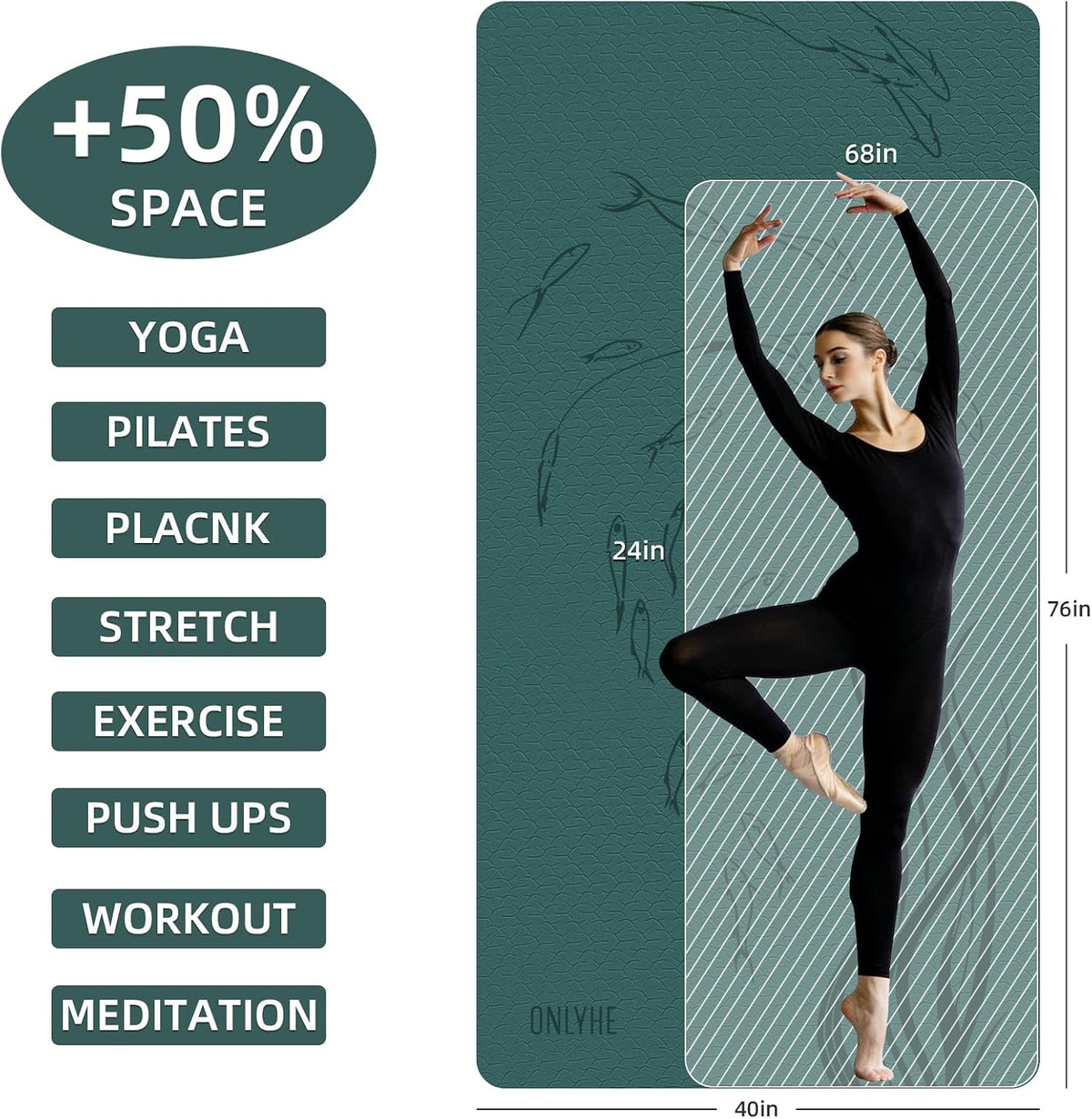 Extra Wide Yoga Mat 76"x40"x10mm TPE Non-Slip Fitness Exercise Mat