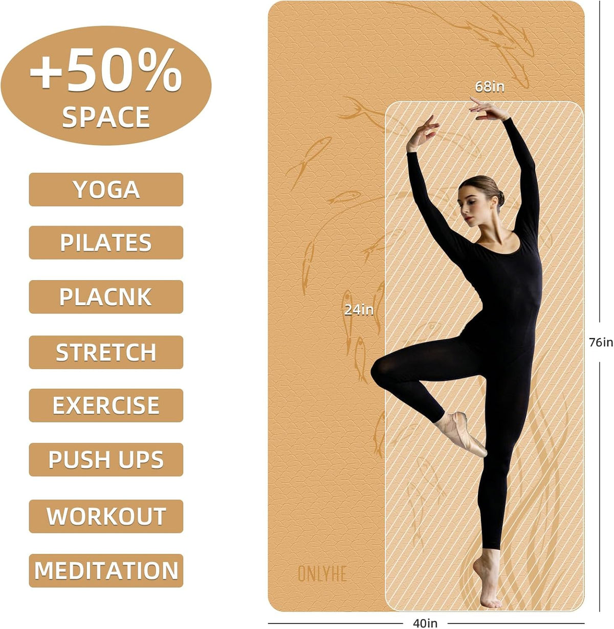 Extra Wide Yoga Mat 76"x40"x10mm TPE Non-Slip Fitness Exercise Mat