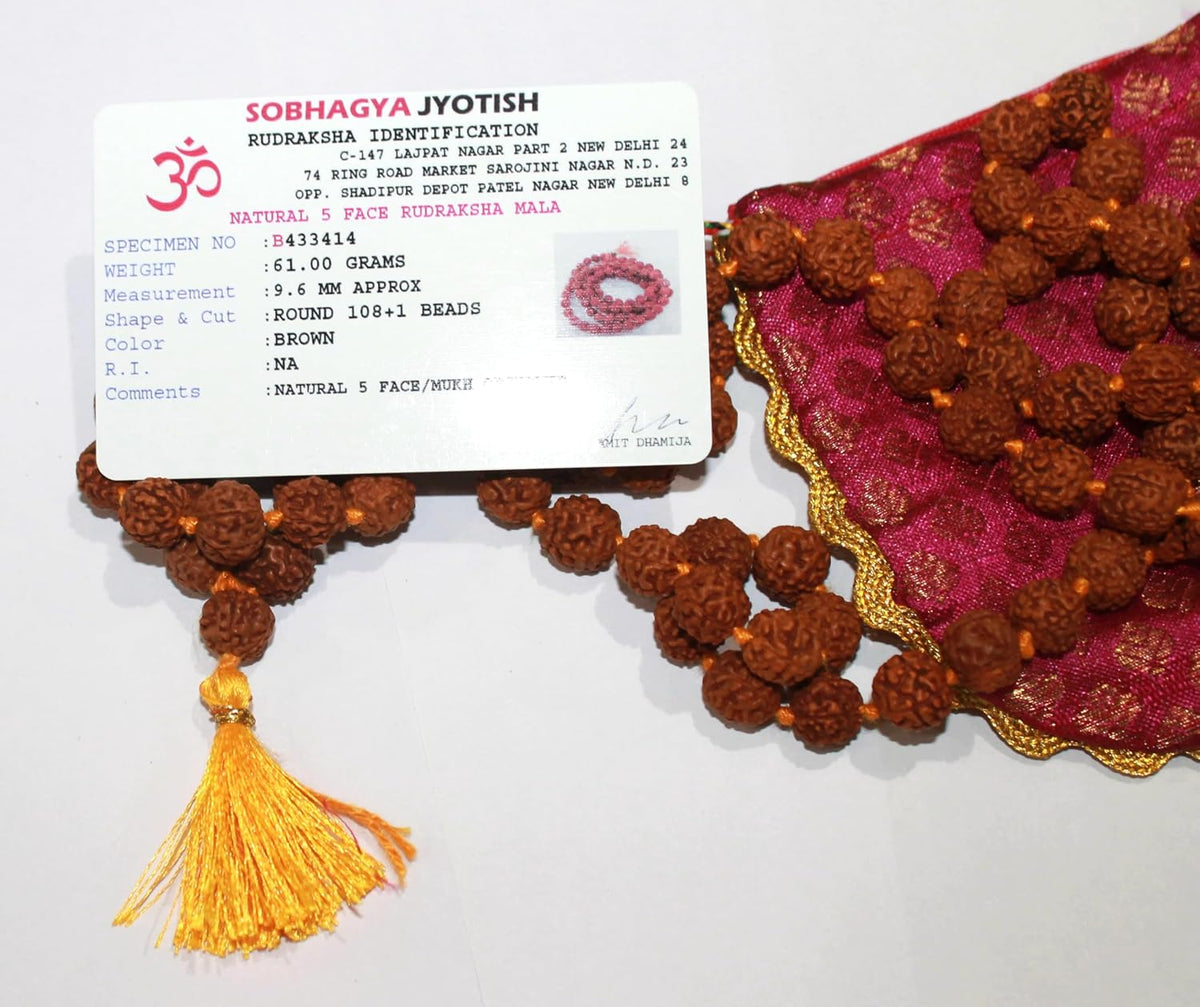 IS4A Nepali 5 Mukhi Rudraksha Mala (108+1 Beads) with Authentication Certificate | Natural Brown Round Beads | Japa & Wearing Mala | 9.6 mm Approx, 55g | Spiritual Meditation Necklace