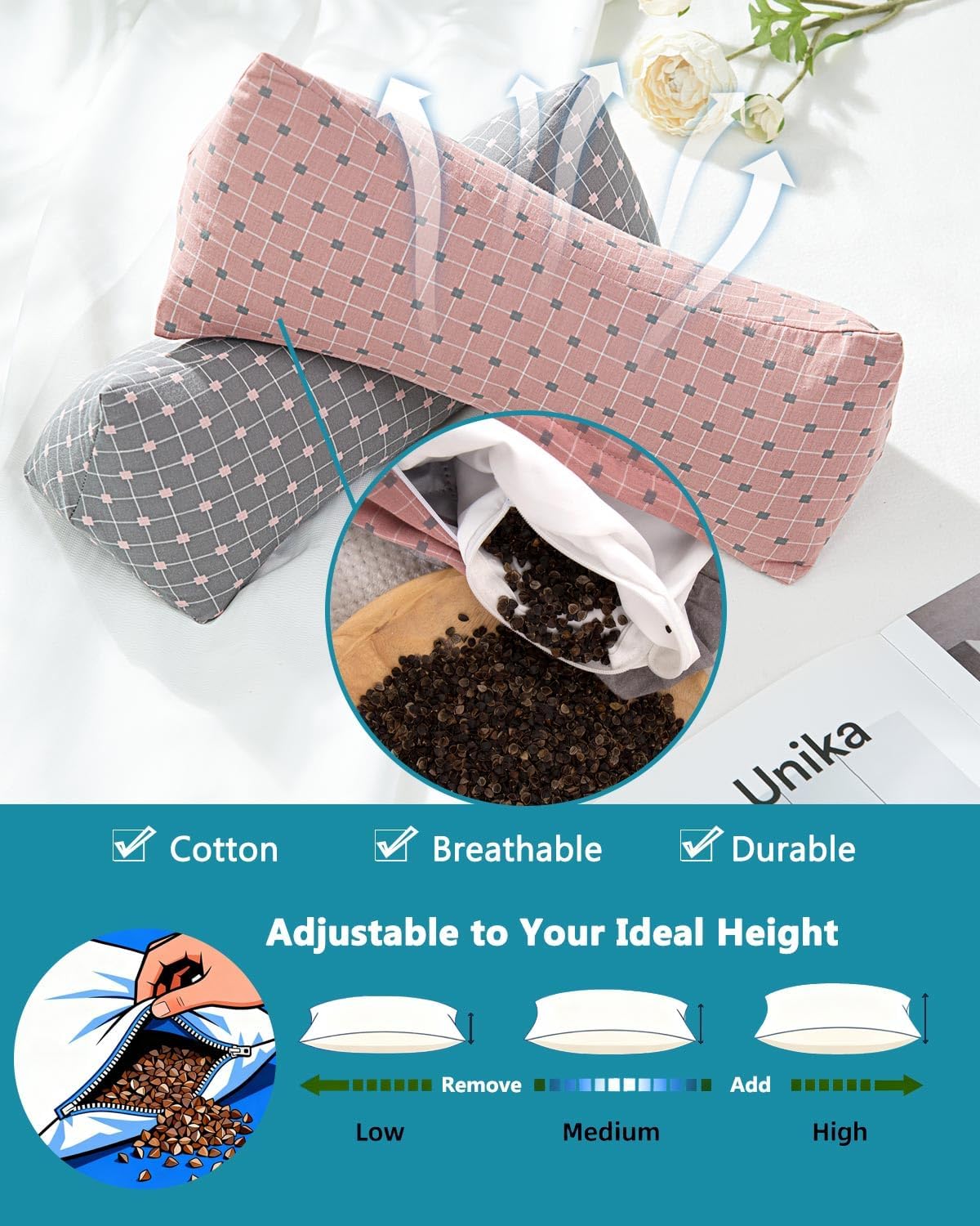 Cervical Buckwheat Roll Pillow for Sleeping,15.7"x5.9" Buckwheat Hulls Pillows Filling, Triangle Pillow for Neck Support Yoga Bolster, Adjustable Fill for Neck Pain Relief,Gray